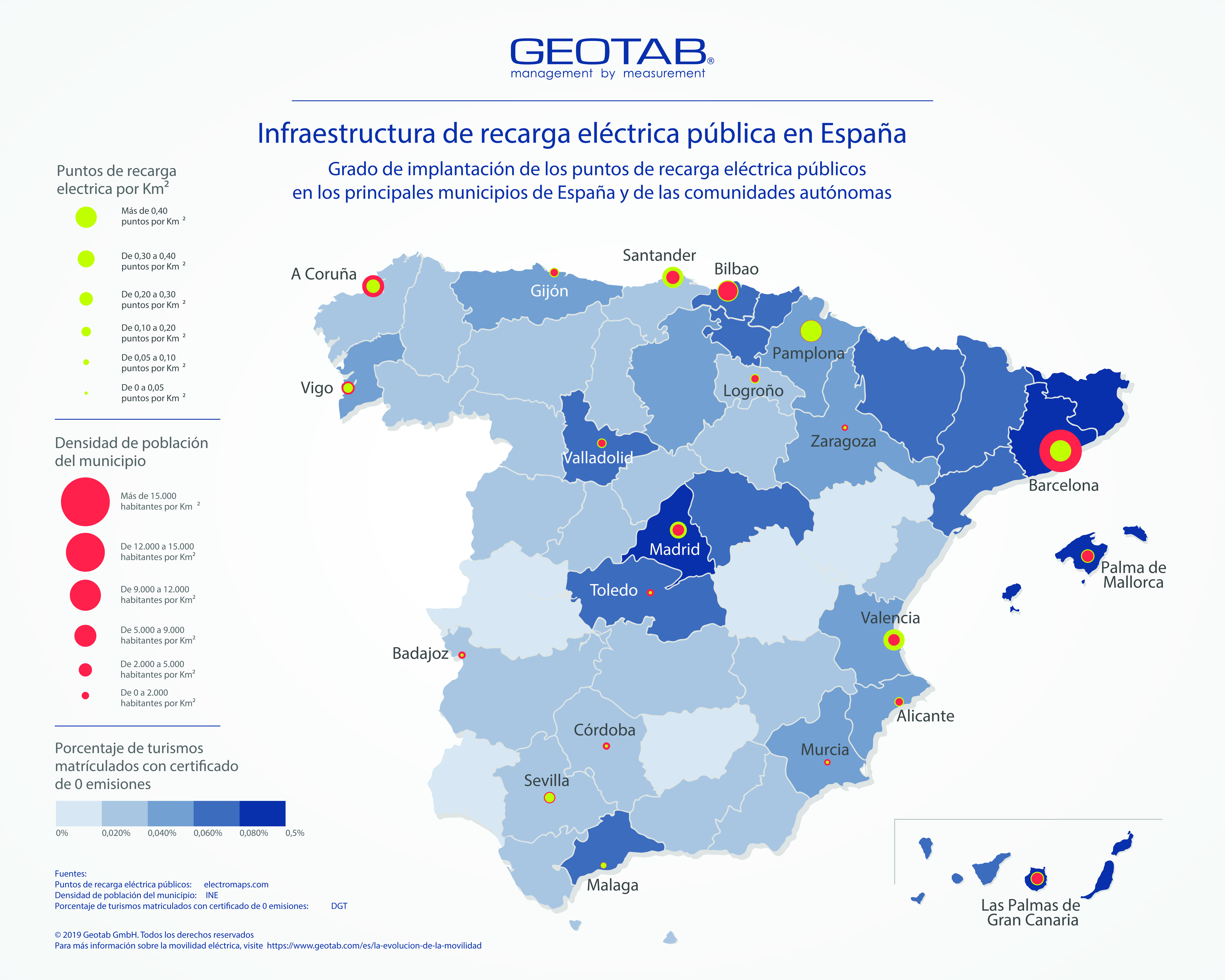Mapa de España que muestra la infraestructura de recarga eléctrica pública en España